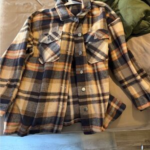 Plaid Button-Up Shacket in Tan and Navy